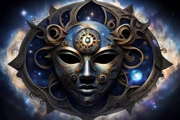 A cosmic mask representing the balance of light and darkness A cosmic clock ticking away the eons