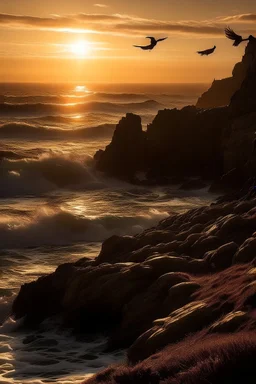 Generate an image of a sunset scene with a group of seabirds resting on rocky cliffs overlooking the ocean. Capture the birds in various states, some in flight, some perched, and others gliding above the waves. Highlight the rugged coastal landscape and the interplay of light and shadow.