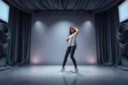 modern stage with gray-blue theme artistic decoration , color full dynamic lighting, a beautiful lady in pants and blouse with sport shoes dancing, 3D recursive fractal structure animating background