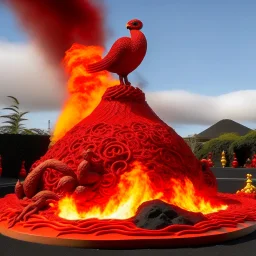 A red volcano with phoenix fire and Maori sculptures designed in Ica stones