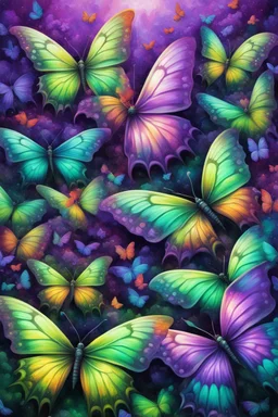 vibrant psychedelic oil painting image, airbrush, 64k, cartoon art image of background purple and green BUTTERFLIES , dystopian