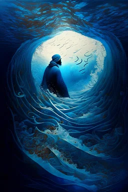 A person drowned in the depths of the seas of the imagination of Arabic poetry, surrounded by calm waves, scattering Arabic letters, guiding him to the light, gradations of blue