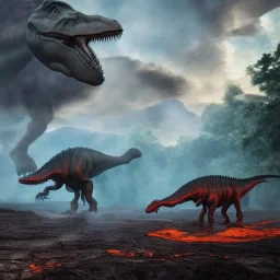 dinosaurs, active volcano, ash, forest, dynamic lighting, dynamic movement, panorama, wide-angled lense, DSLR, dramatic, 8k resolution concept art hyperdetailed dystopian 8k resolution holographic, t-rex, stegosaurus, triceratops, allosaurus