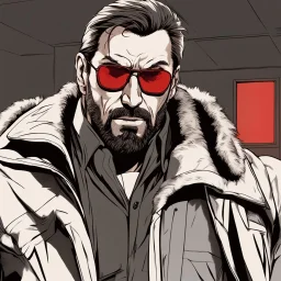 a young man with big muscles who looks like hans gruber wearing a heavy coat and red sunglasses staring with an angry look on his face