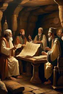 Several Christian priests of the 1st century AD are sitting in a cave and actively arguing and gesticulating, each holding a scroll of Ancient Scripture, on a wooden table in front of them there are many ancient scrolls, all painted with oil paintings in high resolution, in 8k.