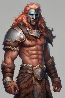 a male aasimar barbarian with Starkly colored hair with armor on and a mask