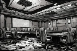 corporation council room, post-apocalyptic, comicbook concept art style