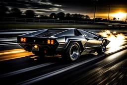 A mirror polished silver Lamborghini countach flies through a tight turn on a banked race track of pitch black tarmac leaving flaming tire tracks behind it as it breaks the sound barrier and produces a pressure cone before it and leaves a sonic boom behind it