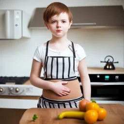 Realistic photo Russian shorthair beautiful tomboy boyish boylike young mother wide hips in kitchen