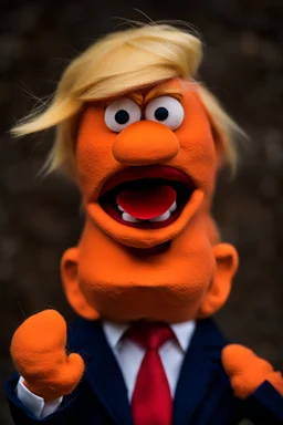 a Film Photograph of a realistic angry orange Donald Trump Muppet made of felt and fur wearing a dark blue suit and red tie and with blonde hair combover, he is old and angry with a round mouth