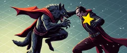 werewolf vs vampire cyberpunk action scene, acrobatic dodge, cape, all seen drown on isometric grid, wolf giving him the biggest jab punch with cartoon star marking the impact