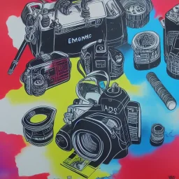 elements of photographic equipment. poster graphics. high detailed. acrylic painting and ink.