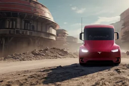 A Tesla 'Semi' (semi truck) is going at a high speed, within the trench of the Death Star. (CINEMATIC, WIDE ANGLE LENS, PHOTO REAL)