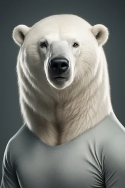 A portrait of an attractive stern ox polar bear seal with wig, shoulder-length blond hair tied in a tight knot, pale skin,light green eyes, muscular build, wearing grey t-shirt