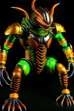 full size image, full body image showing head and feet, (masterpiece, best quality, realistic, detailed, sharp:1.2), intricate details, pixar style realistic scorpion bug, cyborg eyes, perfect hands, perfect fingers, glowing eyes, duplicate shoulders, perfectly shaped fingers, mechanical parts, neon green, black and orange gradient colored armor, highly reflective, perfect armor, smooth armor, gleaming, white background