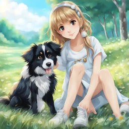 very beautiful realistic anime 10 years old girl with a furry Dog