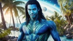 beautiful gorgeous young man na'vi with long hair, Avatar, blue skin, two small ears, green eyes, black hair, in cosmic suit, galactic ambiance, smiling, with spaceship and planets and palm trees and clear crystaline cosmic beach in background