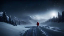 santa claus in north pole, stars,deep dark,midnight ,fog,8k, volumetric lighting, Dramatic scene