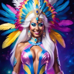 full body photorealistic portrait of a beautiful smiling amazonian carnival goddess with long parma white hair, colorful feathers tight hips with a tron like body suit in a cosmic surounding only blue , pink and yellow