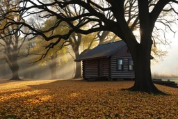 A wooden house in a hilly oak forest in autumn, yellow orange leaves on ground, moist in air, early morning, sun streaks