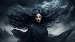 a girl with hair and flower on her forehead, in the style of eerie dreamscapes, flowing fabrics, t romantic windblowing, swirling hair, Windy, swirling dark style Dark, misty, fantasy Dark, Texture, eerie, macabre, black smoke, ultraclear image"