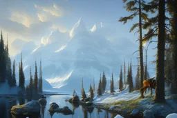 Peder Monk Monsted style, Alaska, summer, blue sky, Moose