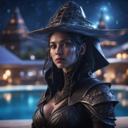 pen outline, layered, portrait of dark space witch hunter with strong gaze, by the pool, pool contains floating pyramid star ship of extreme complexity and beauty,bokeh like f/0.8, tilt-shift lens 8k, high detail, smooth render, down-light, unreal engine