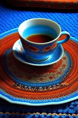 tea on blue Persian rug