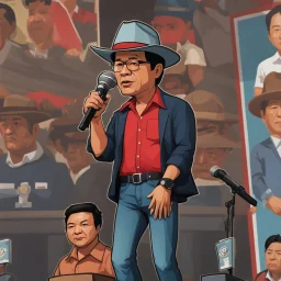 imágen retro of Gustavo Petro serious with hat, jeans and shirt no lentes speaking in a speech chibi