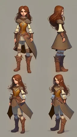 turnaround character of a girl, brown hair, she wears fantasy medieval clothes, she is slim, full body with boots