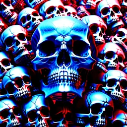 a picture of a dark, comedic, anatomically correct wall of red white and blue tightly packed stacked cyborg skulls of varying sizes and expressions, photo realistic, insanely meticulous, highly detailed, part of a collection of bones on display, 64k, dystopian, vray