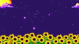 purple sky full of stars, sunflower field, anime