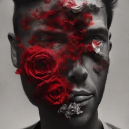 portrait of man with a fading red flower inside his face, high detailed black and white with red accents, digital painting.