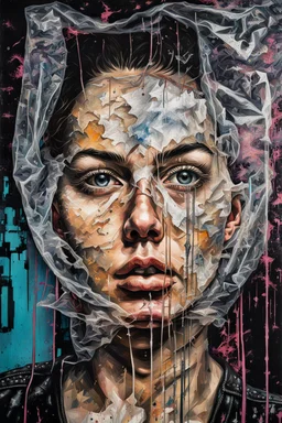 Ultra detailed medium portrait painting of a vacuumed face under a plastic bag, no air, tight, torn up punk poster, broken circuitry background, matrix effects, punk visual art, punk art aesthetic, graffiti art, pop surrealism, collage art, cluttered paint glitches