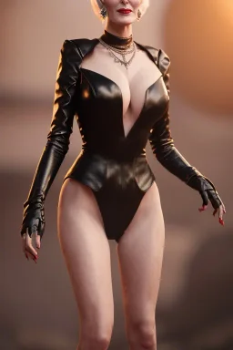 Carmen Dell`orifice as evil queen in black leather gown, angry, busty, curvey, cleavage, unreal 5, octane render,cinema4d, dynamic lighting, dramatic lighting, 4k, redshift render, highly detailed, hyper realistic