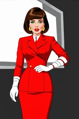 cartoon style image of very feminine, mature brunette 50 year old sexy French stewardess in red uniform with short bob cut and strong, seductive makeup, smoky green eyes, highly shiny white plastic gloves, big thick pouty bright red lips and large golden earrings who looks like Jeanna Fine