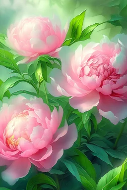 Watercolor bush of pink peony, many leaves, ultra-detailed plant, summer, sun, evening, rain, beautiful landscape, fog, many details, delicate sensuality, realistic, high quality, 3d, work of art, hyperdetalization, professionally, filigree, misty haze, hyperrealism, professionally, transparent, delicate pastel tones, backlight. The contrast is fantastic, unreal, translucent, luminous, clear lines