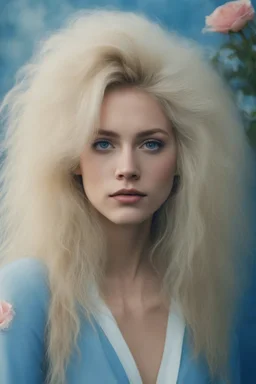 facial portraits, 1980, 16-year-old Supergirl, ((1980's big hair, long, teased up Spikey Motley Crue style hair)), bleach-blonde hair, facial portraits, foggy, cloudy blue wall with assorted designs and multiple floral arrangements in the background, 4k, 8k, 16k, 32k, 100k UHD, Ultra-Hyper Resolution, dark, sultry eyeshadow, eyeliner, mascara, rouge, lipstick