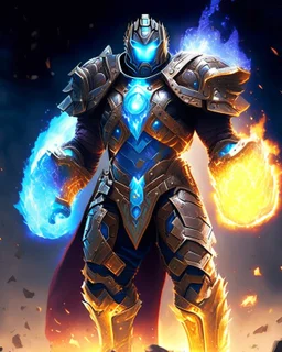 An armor made of a mixture of steel and leather, worn by a strong commander with magical power K's infinity gauntlet has six infinity stones While standing on a majestic height from afar A flaming-eyed commander with flaming light blue pupils stands atop a squire