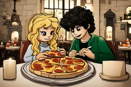 blonde lego girl and curly black haired lego boy eating lego pizza in an italian restaurant in candlelight