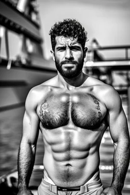 photography of An iranian offshore worker, shirtless, wearing bulging heavy-duty work pants and sturdy boots, sitting under the scorching sun on a merchant ship, man 66 years old, manly chest, muscular chubby , tattoo, curly beard, dirty, serious, long hair, ugly, big thighs, bullneck, big shoulders, photo realistic, photographic, super detailed, hyper realistic, UHD, frontal view , ambient occlusion