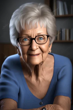 Realistic Stock Photo, Realism Engine, Real Cartoon XL, Professional Quality High Definition Photograph, chiaroscuro, deep shadows, masterpiece, happy, 2020 caught off guard, 79-year-old Phyllis Kendall, She doesn't look old, short pixie-cut, shag-cut straight, dark salt and pepper hair, overweight, blue eyes, great big, round lensed eyeglasses, wearing a black, floral print, short-sleeved, pull-over shirt, dark blue sweatpants, sitting at the computer checking her emails