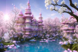 a magical crystal flower magnolias pink gold house palace castle in the woods, magnolias pink,blue lake,sun,white swanns,pink vertical, blue lake,sharp, vines, candlelit, endor, ornate, elegant, highly detailed, artstation, concept art, smooth, sharp focus, illustration, 8k, splash art, wallpaper, key visual