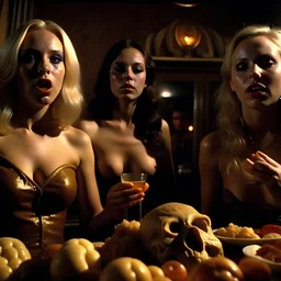 Horror movie shot, spooky, ultra realistic, dine, horns, ultra realistic hot blonde women, party, pieces of meat, organs, ail dynamic, anguish, very excited people, hypermaximalist figures, light, 1970's Italian horror movie, sinister, John Carpenter, Dario Argento, Stanley Kubrik, ornate, 4k, photorealism