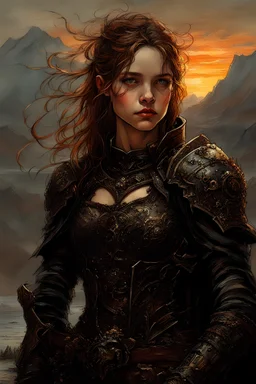 A formidable warrior girl in black armor, on the background Amazing gloomy landscape, flooded with sunset, mountains, trees, fabulous scary hero, , juicy emotions, painting, dark fantasy, gloomy day, dark world, portrait, Gothic Town At Night, Fantasy, Intricate Details, Castle Courtyard Gardens, Hyper Detailed, Jean Baptiste Monge, Carne Griffiths, Michael Garmash, Seb Mckinnon, Masterpiece