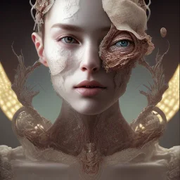 broken, cracked-open woman's face, fine detail, highly intricate, wearing bridal veil, modern surrealism painting, identity crisis, wearing bridal veil, high-quality, volumetric lighting, 8k, ultrahd, George Grie, Marco Escobedo, Igor Morski