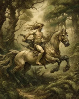 A centaur majestically galloping through the dense forest in the style of gustav dore, fantastical landscape, soft strokes , mythology portrait, classic painting