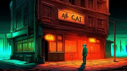 In the heart of an empty, dreamlike cityscape, a lone man stands before a shuttered bar with a flickering neon sign that reads “Last Call”—though the letters melt like candle wax into the pavement. His mouth is open in a silent scream, stretched impossibly wide, as if trying to release something too large for sound. The streetlights bend unnaturally toward him, casting elongated, unnatural shadows. Alex Maleev