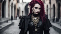 goth fashion, women and men in nice goth clothes and jewelry, black, silver, gold, burgundy fashion colors, High detailed, sharp focus, looking at the camera, cinematic, masterpiece, high realistic, fashion photo