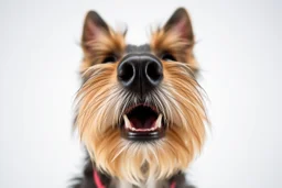 nose mouth and eyes of a Scottish terrier coming up from the bottom, mouth open bitting